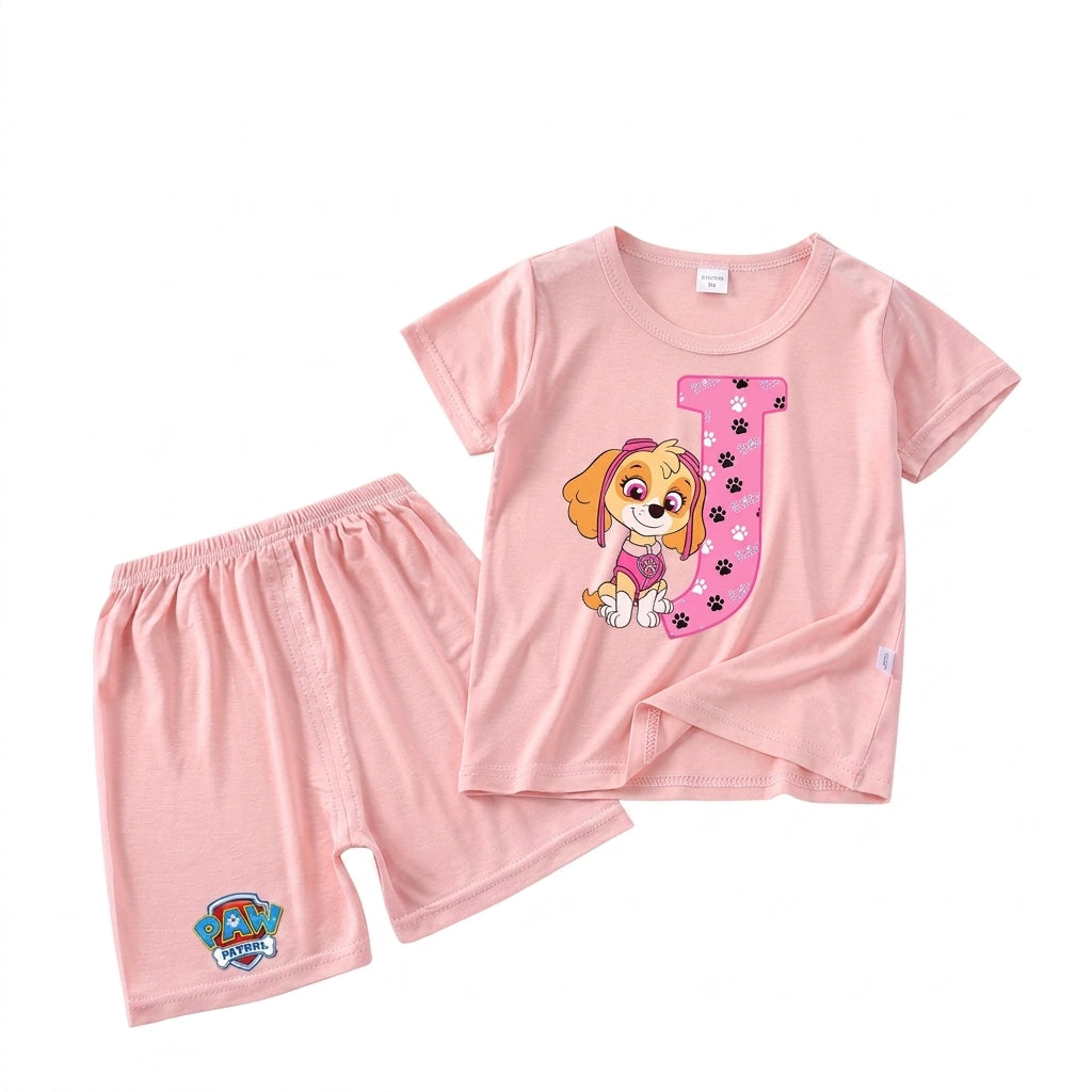 Pyjama enfant Pat' Patrouille rose motif Stella, lettre à choisir, vue rapprochée du tissu
