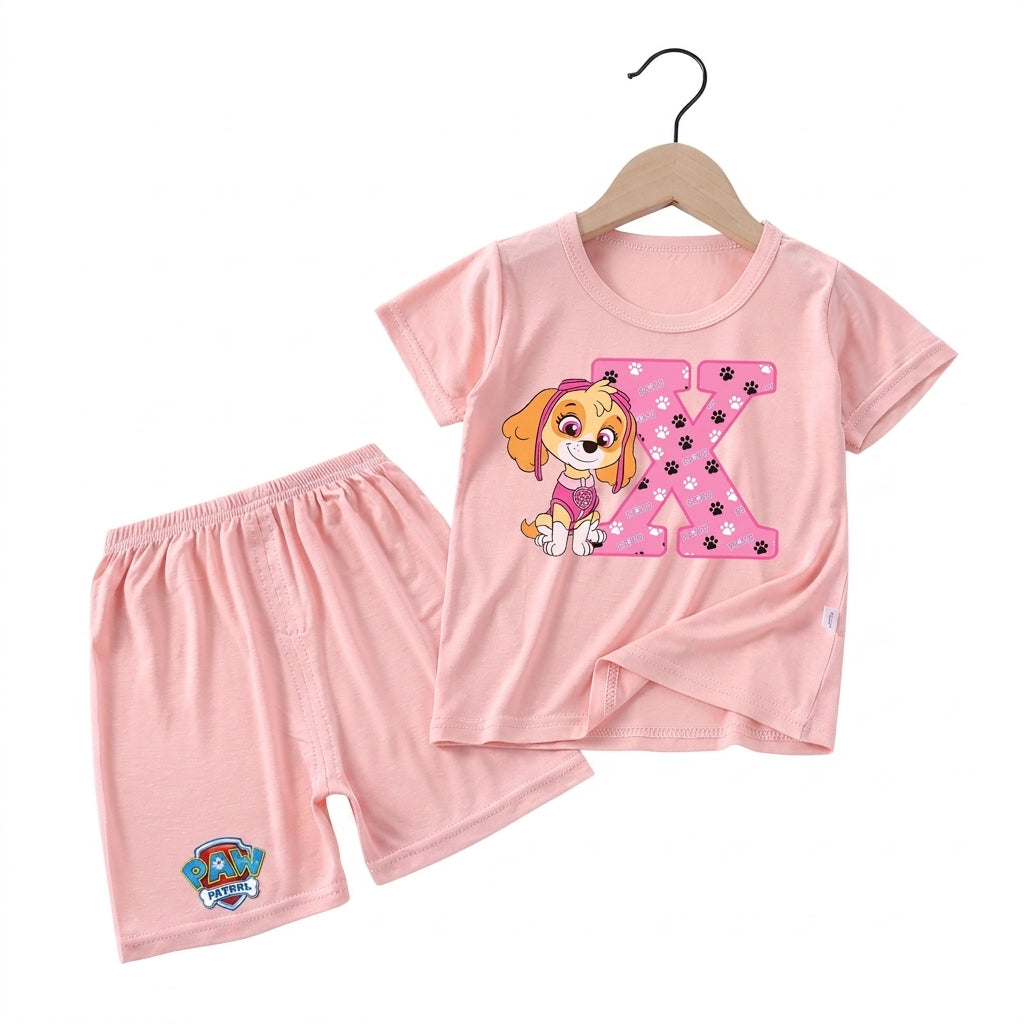 Pyjama enfant Pat' Patrouille rose motif Stella, lettre à choisir, vu de face sur fond clair