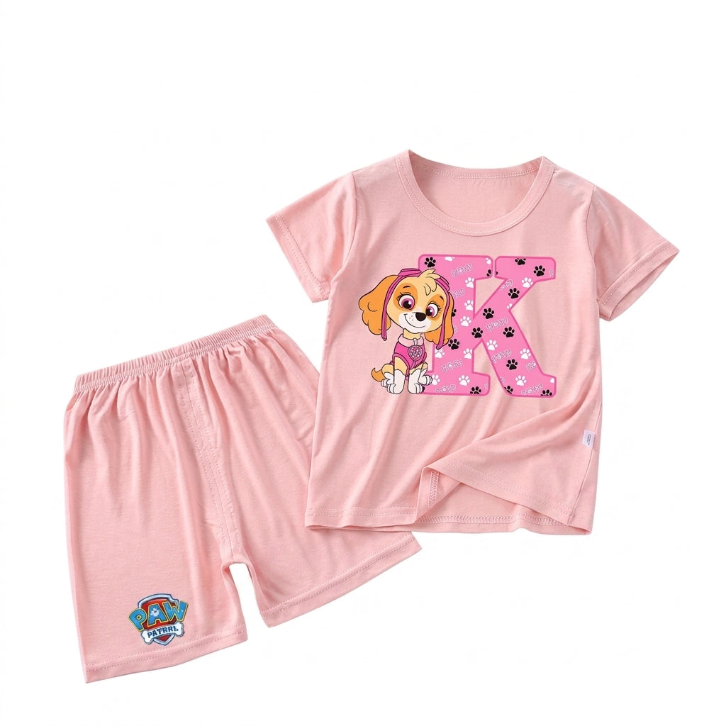 Pyjama enfant Pat' Patrouille rose motif Stella, lettre à choisir, présenté sur cintre