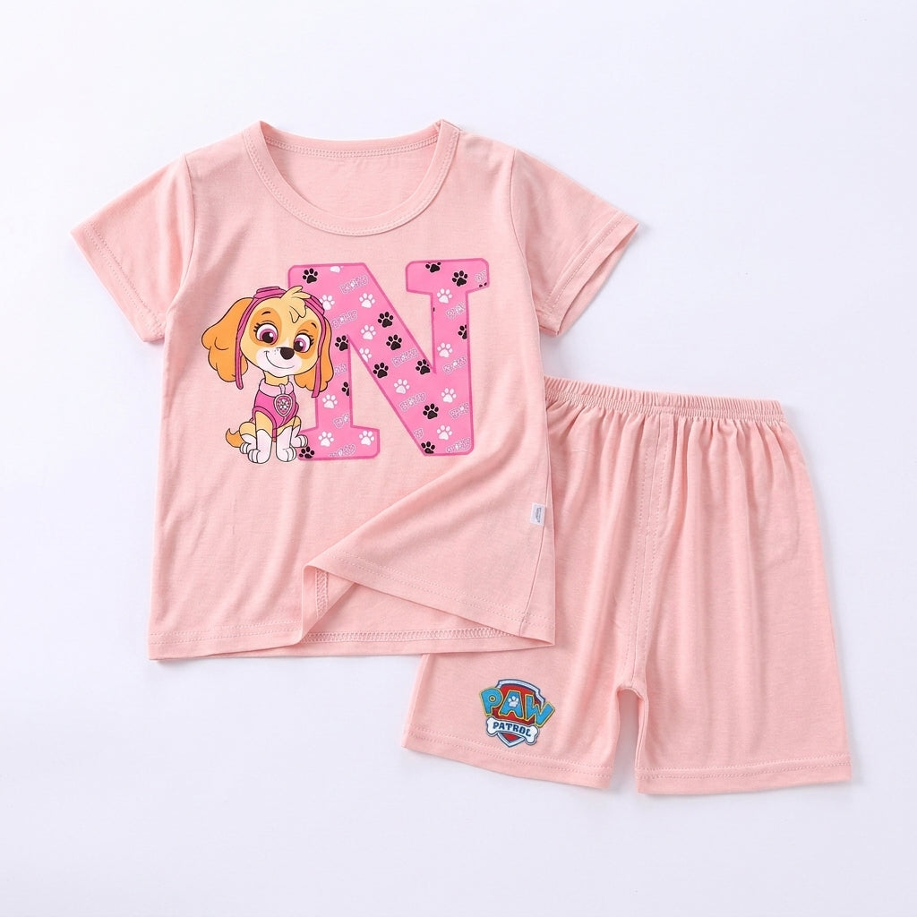 Pyjama enfant Pat' Patrouille rose motif Stella, lettre à choisir, vu de face sur fond clair