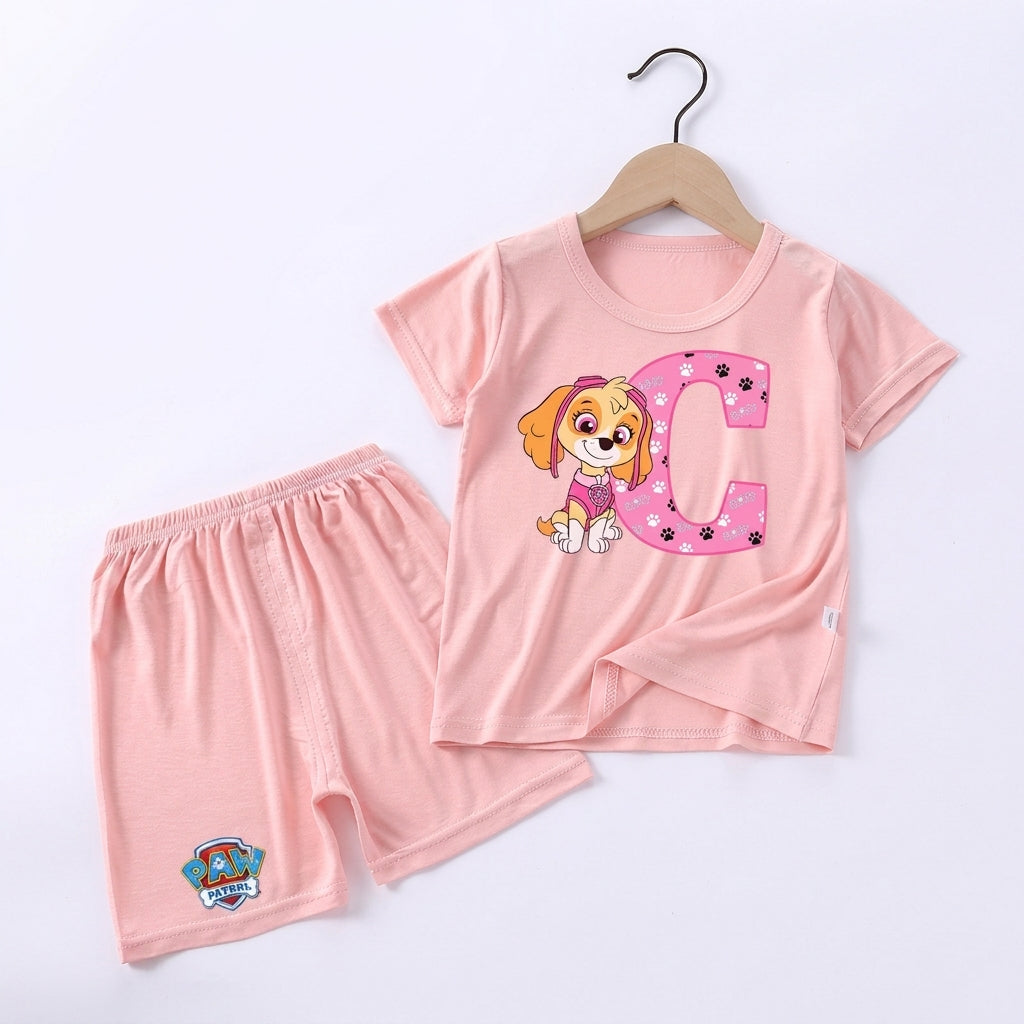 Pyjama enfant Pat' Patrouille rose motif Stella, lettre à choisir, détail du col et des manches