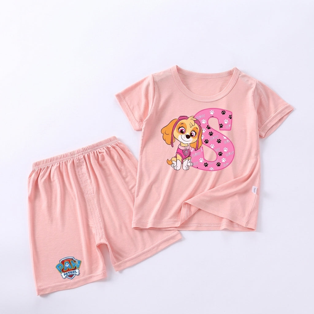 Pyjama enfant Pat' Patrouille violet motif Stella, lettre à choisir, posé à plat sur fond uni
