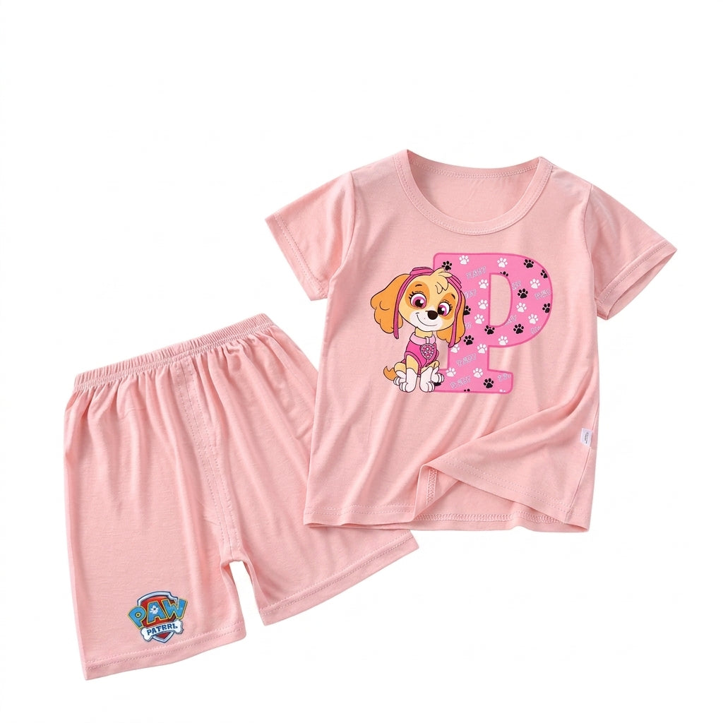 Pyjama enfant Pat' Patrouille violet motif Stella, lettre à choisir, vue rapprochée du tissu