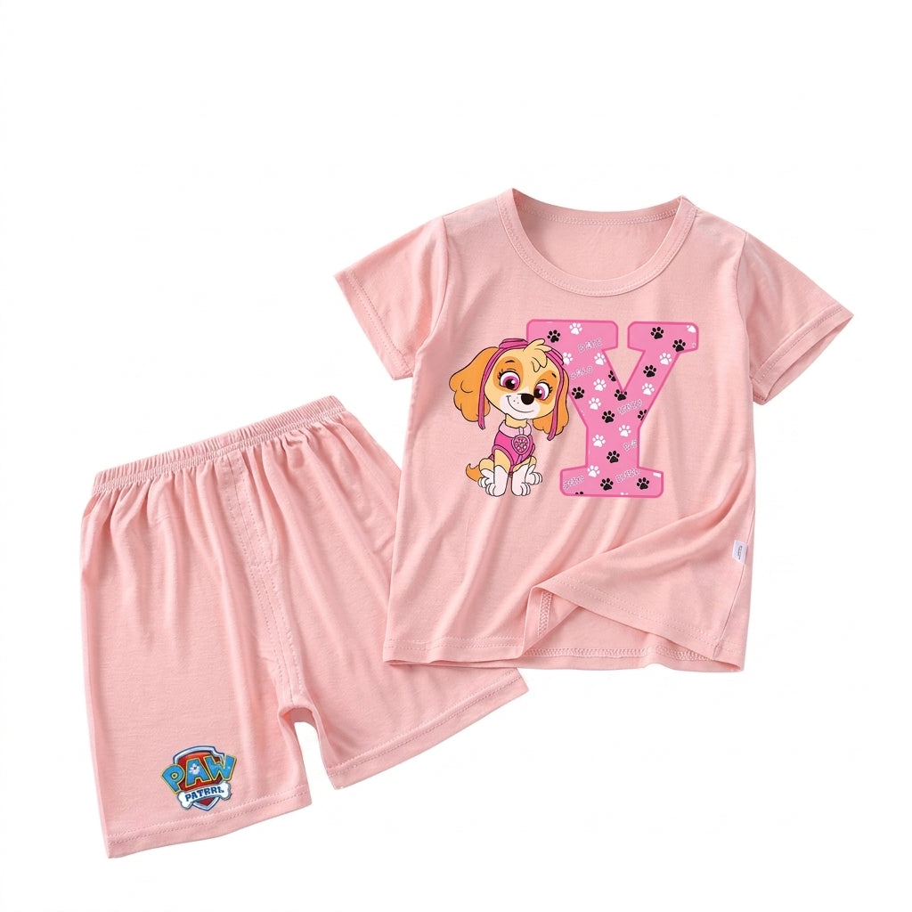 Pyjama enfant Pat' Patrouille violet motif Stella, lettre à choisir, ensemble complet déplié