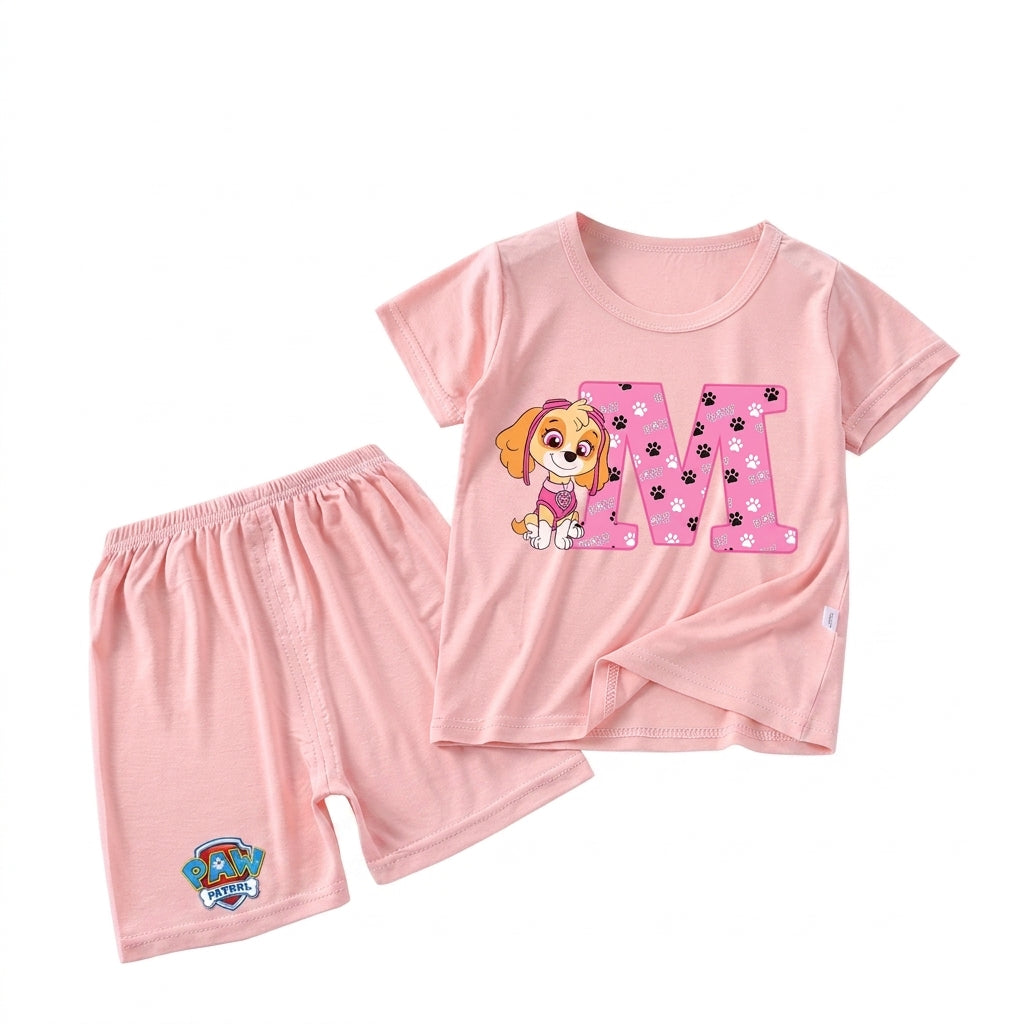 Pyjama enfant Pat' Patrouille violet motif Stella, lettre à choisir, vu de face sur fond clair