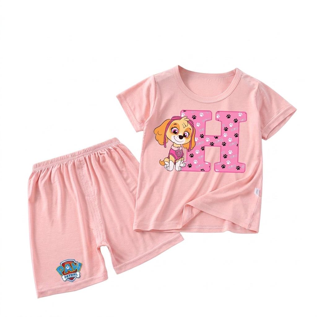Pyjama enfant Pat' Patrouille rose motif Stella, lettre à choisir, gros plan sur l'imprimé