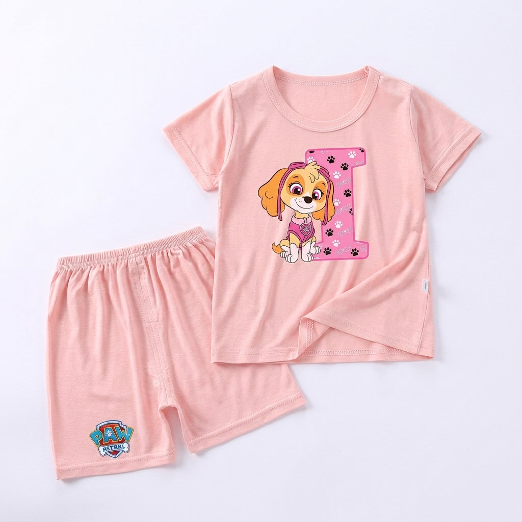 Pyjama enfant Pat' Patrouille rose motif Stella, lettre à choisir, présenté sur cintre