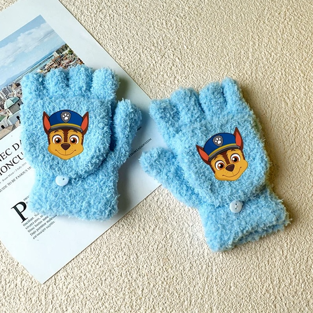 Paire de gants Pat Patrouille Chase bleus en peluche avec visages brodés.
