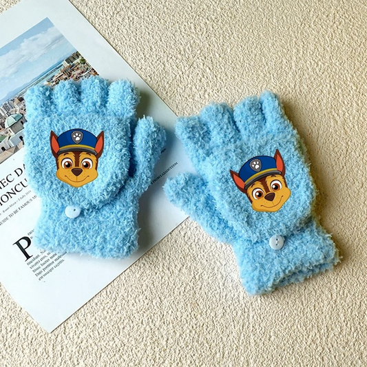 Paire de gants Pat Patrouille Chase bleus en peluche avec visages brodés.