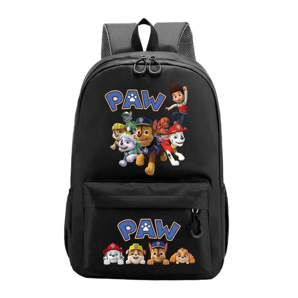Sac à dos Pat Patrouille noir, imprimé personnages et logo PAW, poches zippées