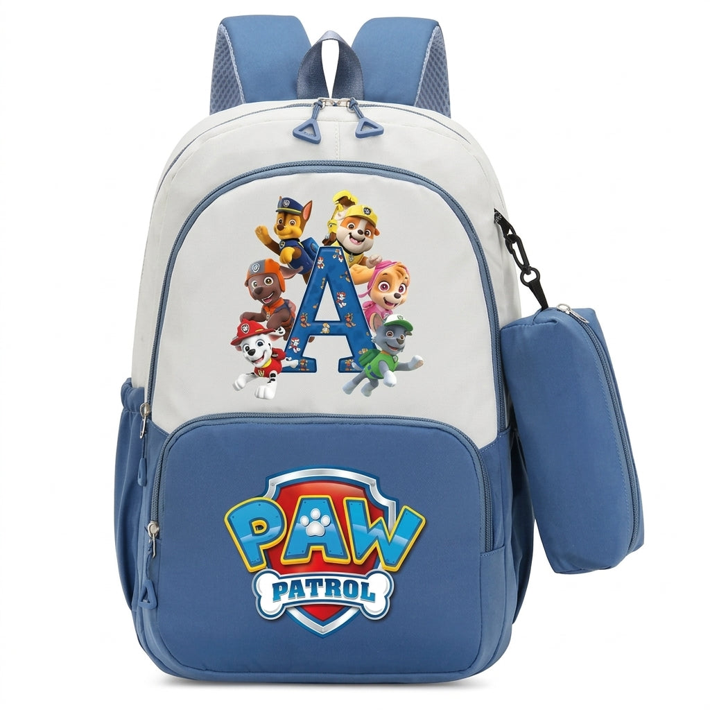 Sac à dos Pat' Patrouille bleu et blanc avec sa trousse assortie, initiale A entourée des chiots sur la poche avant