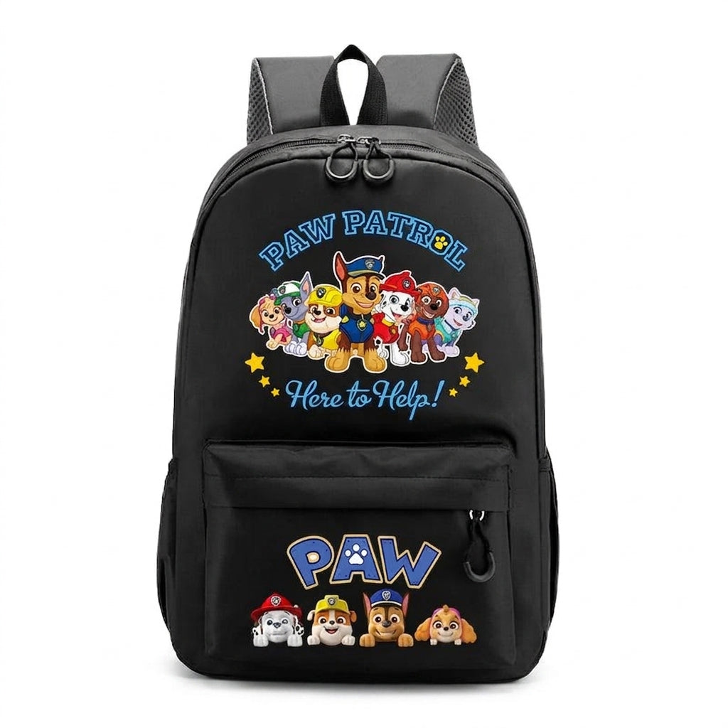 Sac à dos Pat Patrouille noir avec motif chiots et poches zippées avant.
