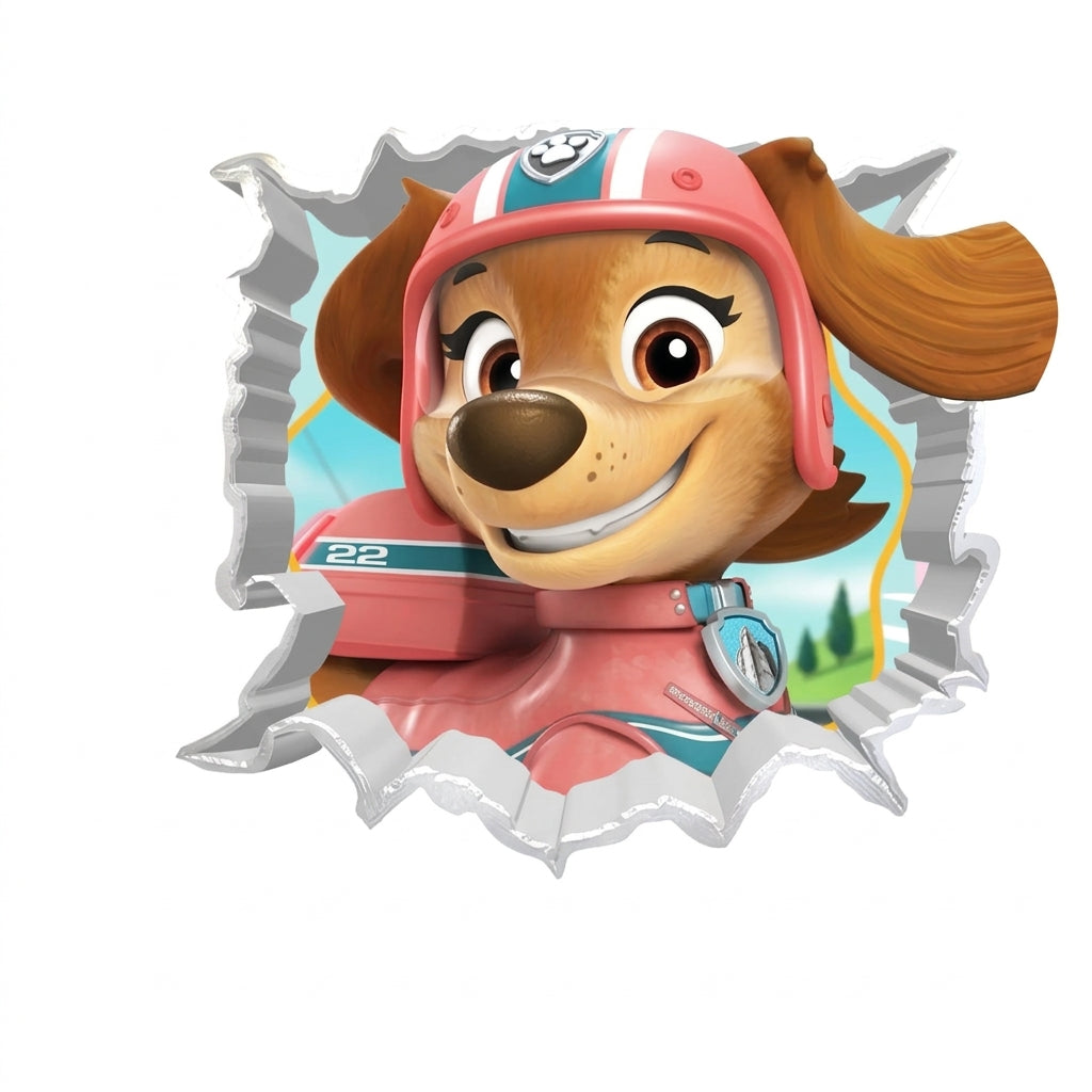 Sticker mural 3D Pat' Patrouille Stella en tenue de pilote de course, effet trompe-l'œil mur cassé, autocollant repositionnable