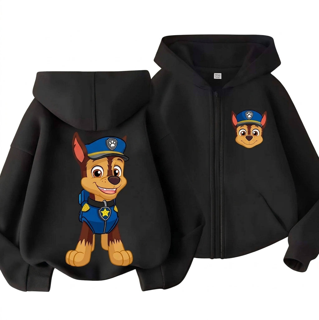Sweat à capuche zippé Pat' Patrouille noir pour enfant, imprimé Chase en grand dans le dos et sa tête sur le devant