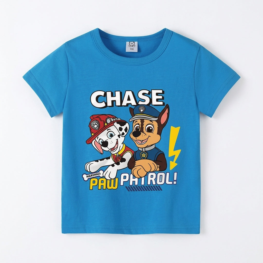 T-shirt Pat' Patrouille bleu, Chase et Marcus sous le prénom Chase et un éclair