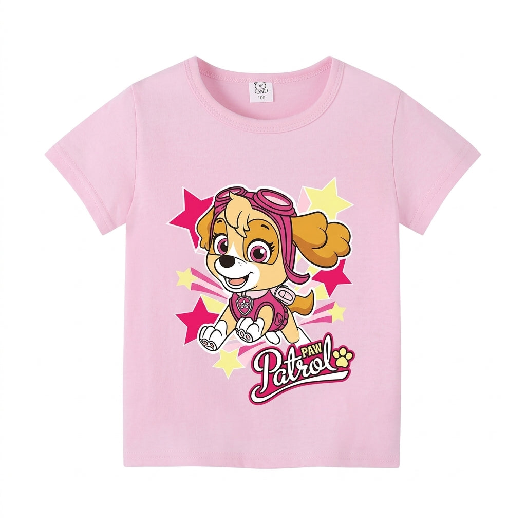 T-shirt Pat' Patrouille rose, Stella entourée d'étoiles imprimée sur le devant