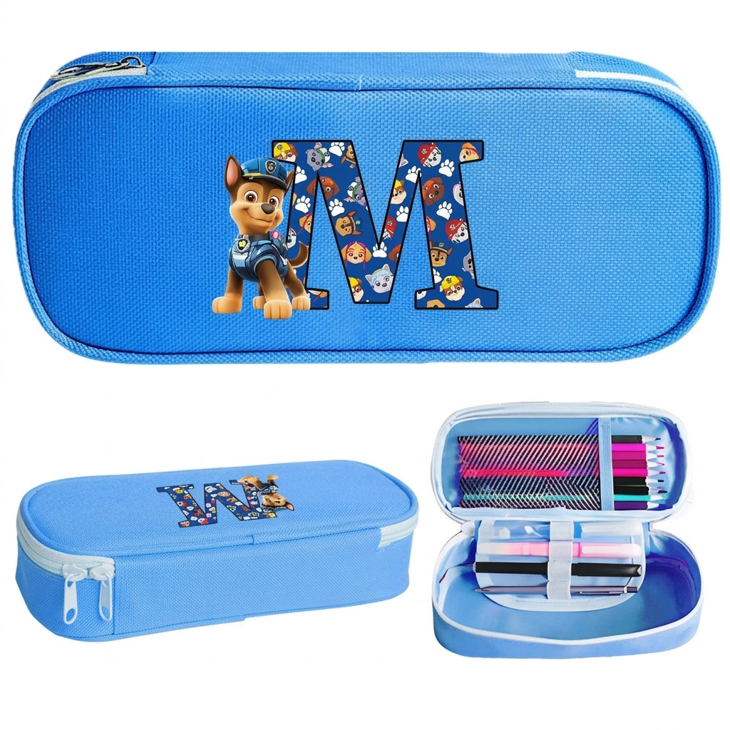 Trousse Pat' Patrouille bleue Chase, initiale M à motifs de chiots sur le dessus, trousse ovale à fermeture éclair