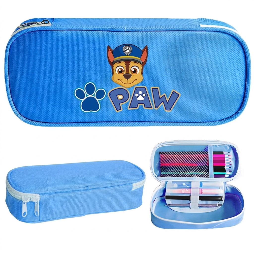 Trousse en tissu bleu avec fermeture éclair et motif « PAW » pour crayons