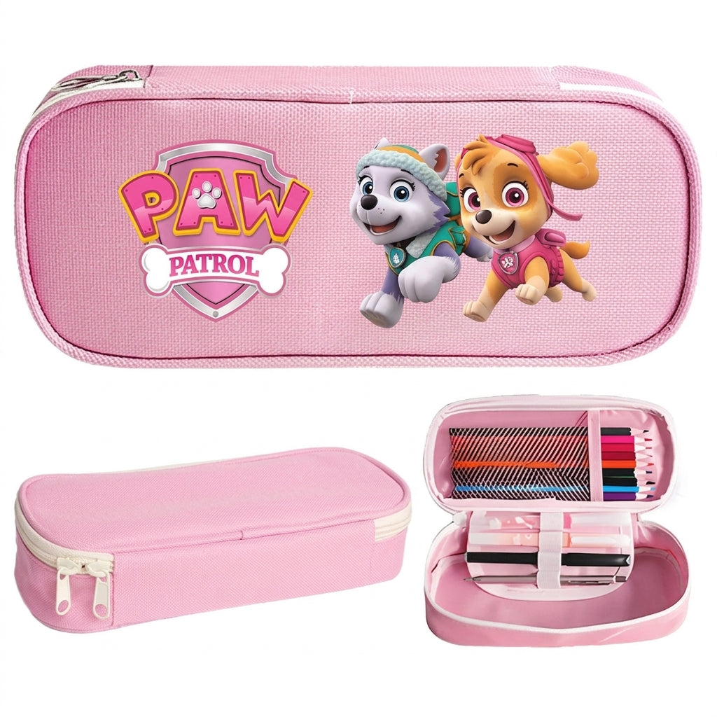 Trousse rose zippée avec motif Pat Patrouille, intérieur avec rangement.
