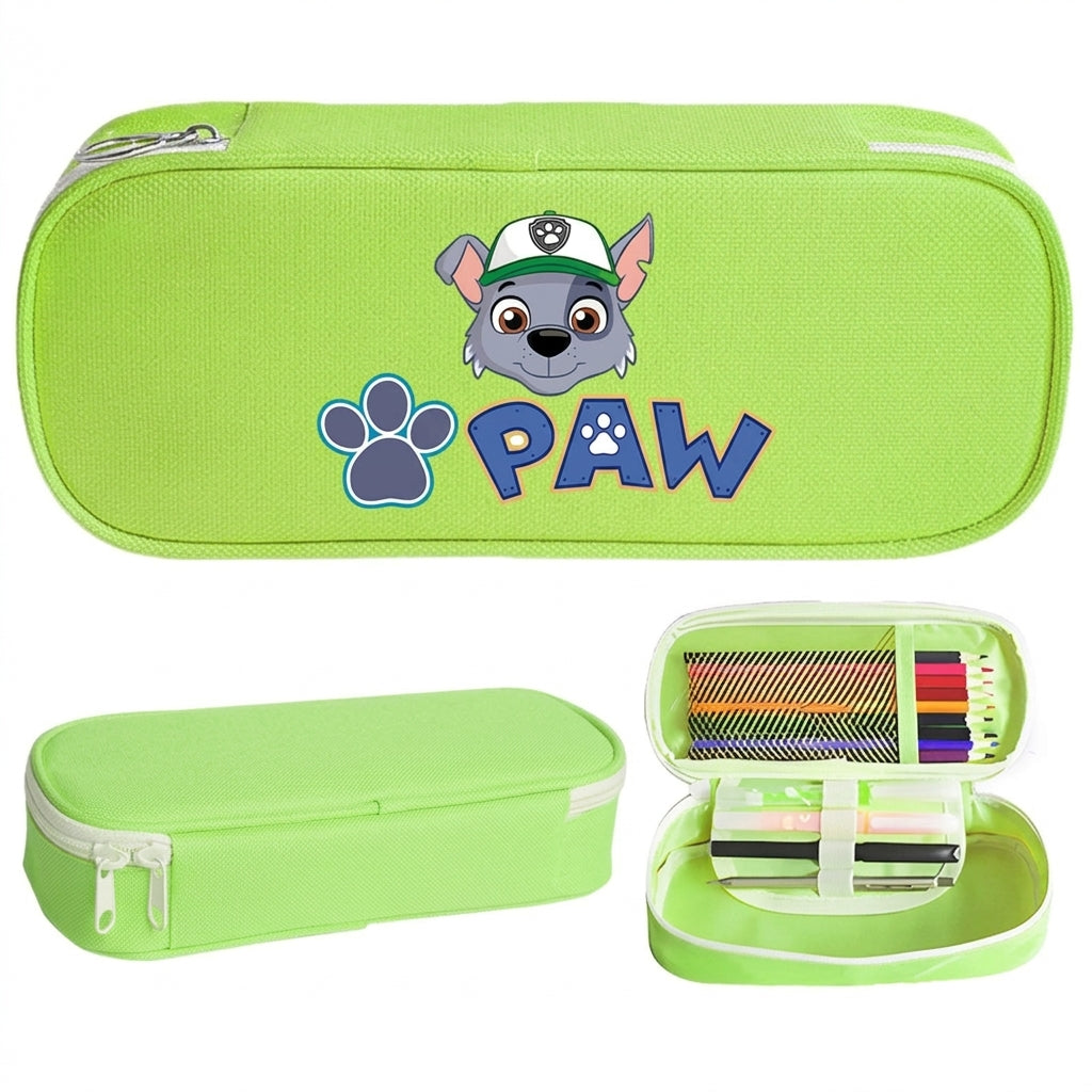 Trousse scolaire verte zippée, motif patte et chien Rocky, intérieur compartimenté