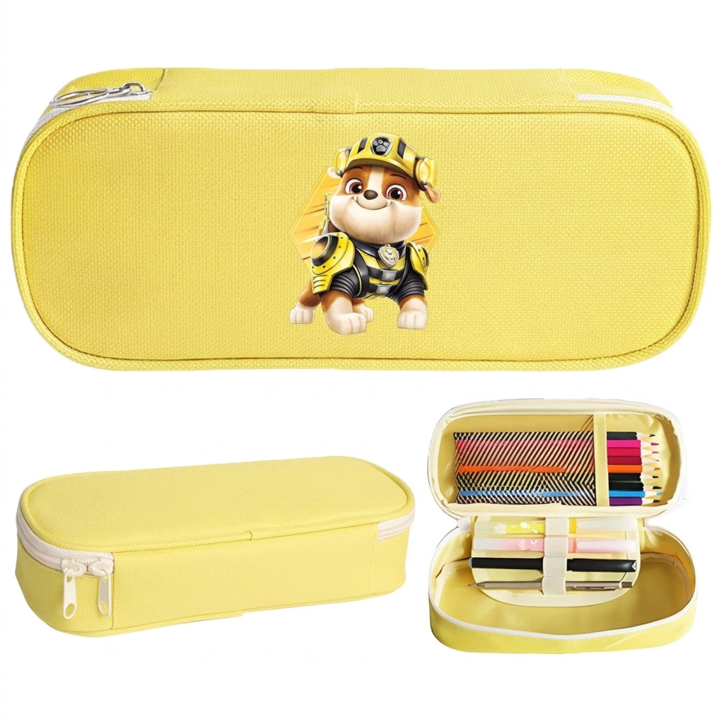 Trousse scolaire jaune rectangulaire avec fermeture éclair et motif de personnage cartoon