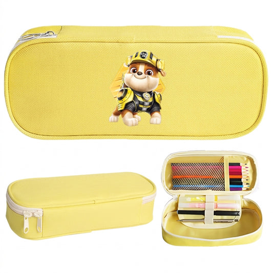 Trousse scolaire jaune rectangulaire avec fermeture éclair et motif de personnage cartoon