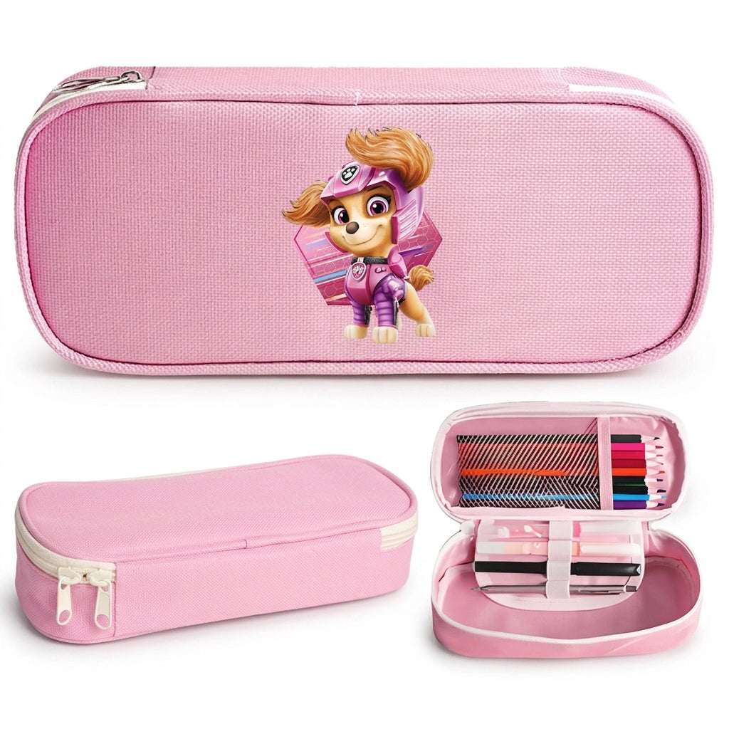 Petite trousse rose à fermeture éclair, motif Stella l’aviatrice, intérieur visible.