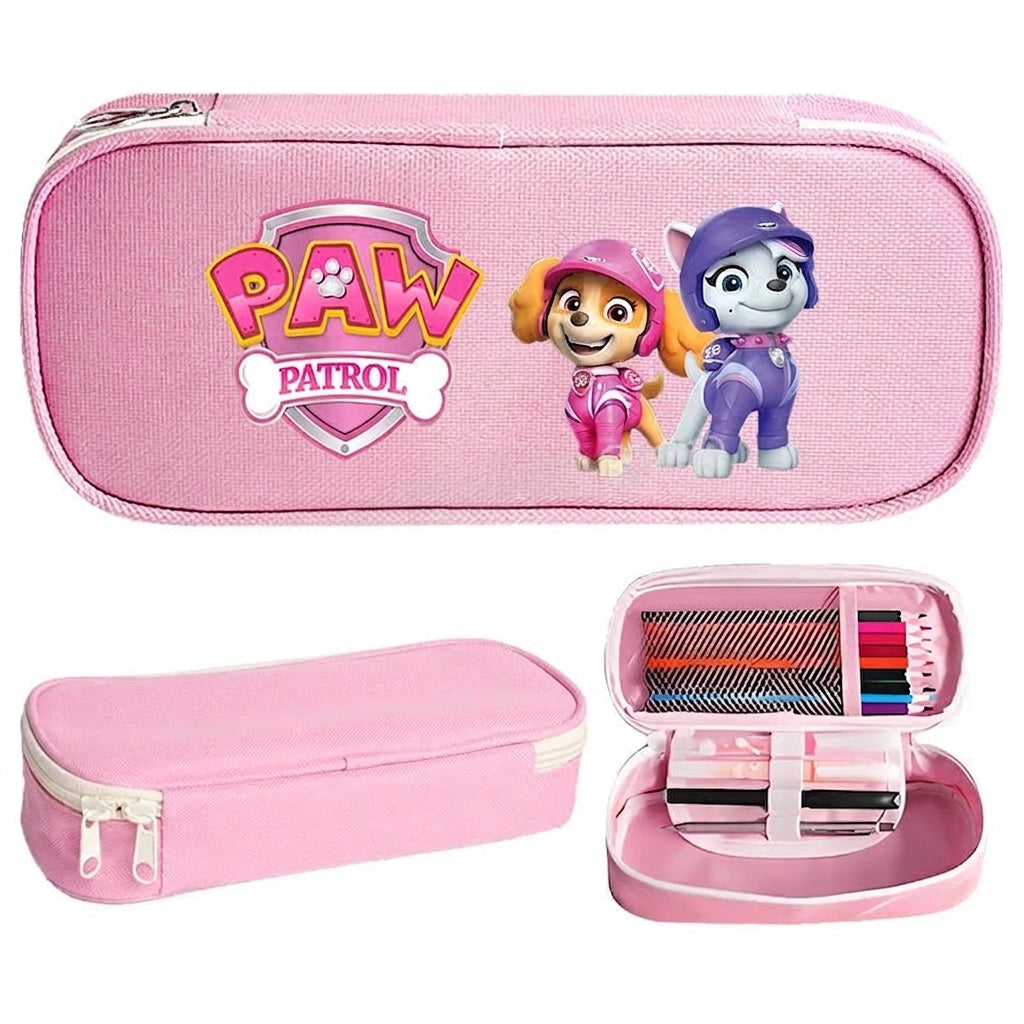 Trousse à crayons Pat Patrouille rose pâle, logo et personnages, zip, intérieur avec compartiments