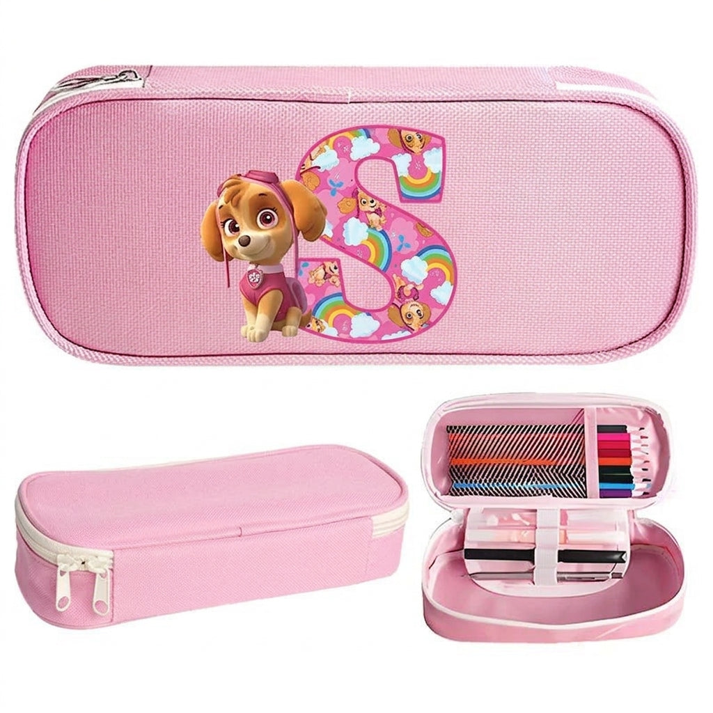 Trousse Pat' Patrouille rose Stella, initiale S en lettre arc-en-ciel sur le dessus, trousse plate à fermeture éclair