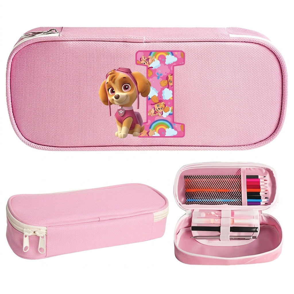 Trousse Pat' Patrouille rose Stella, initiale I en lettre arc-en-ciel sur le dessus, trousse plate à fermeture éclair