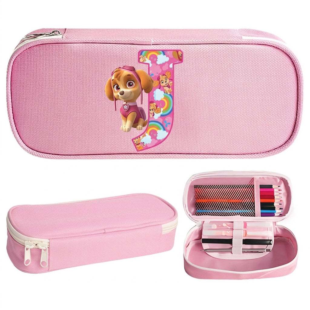 Trousse Pat' Patrouille rose Stella, initiale J en lettre arc-en-ciel sur le dessus, trousse plate à fermeture éclair