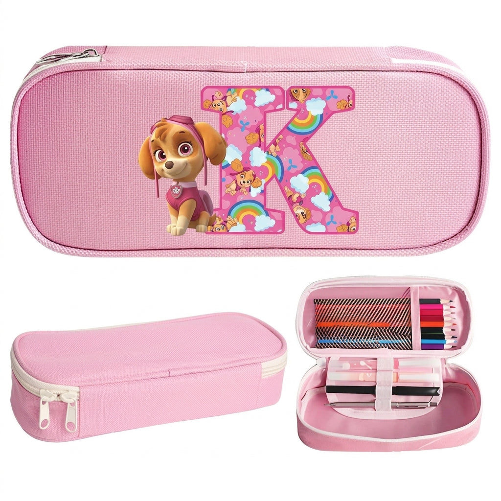 Trousse Pat' Patrouille rose Stella, initiale K en lettre arc-en-ciel sur le dessus, trousse plate à fermeture éclair
