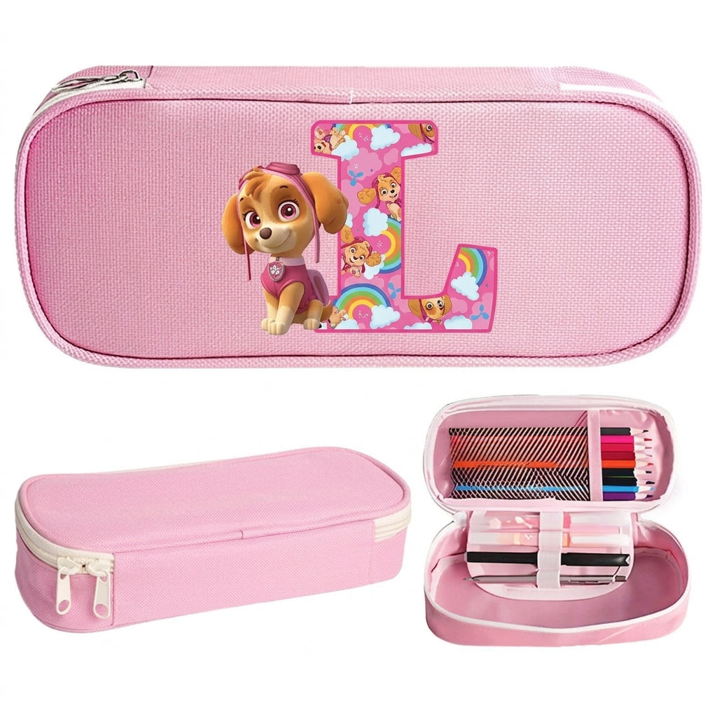 Trousse Pat' Patrouille rose Stella, initiale L en lettre arc-en-ciel sur le dessus, trousse plate à fermeture éclair