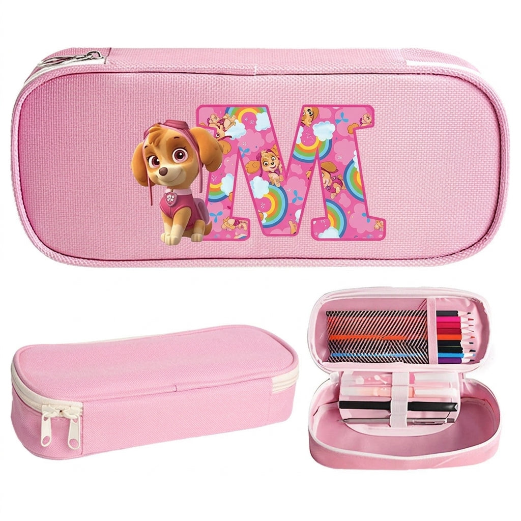 Trousse Pat' Patrouille rose Stella, initiale M en lettre arc-en-ciel sur le dessus, trousse plate à fermeture éclair