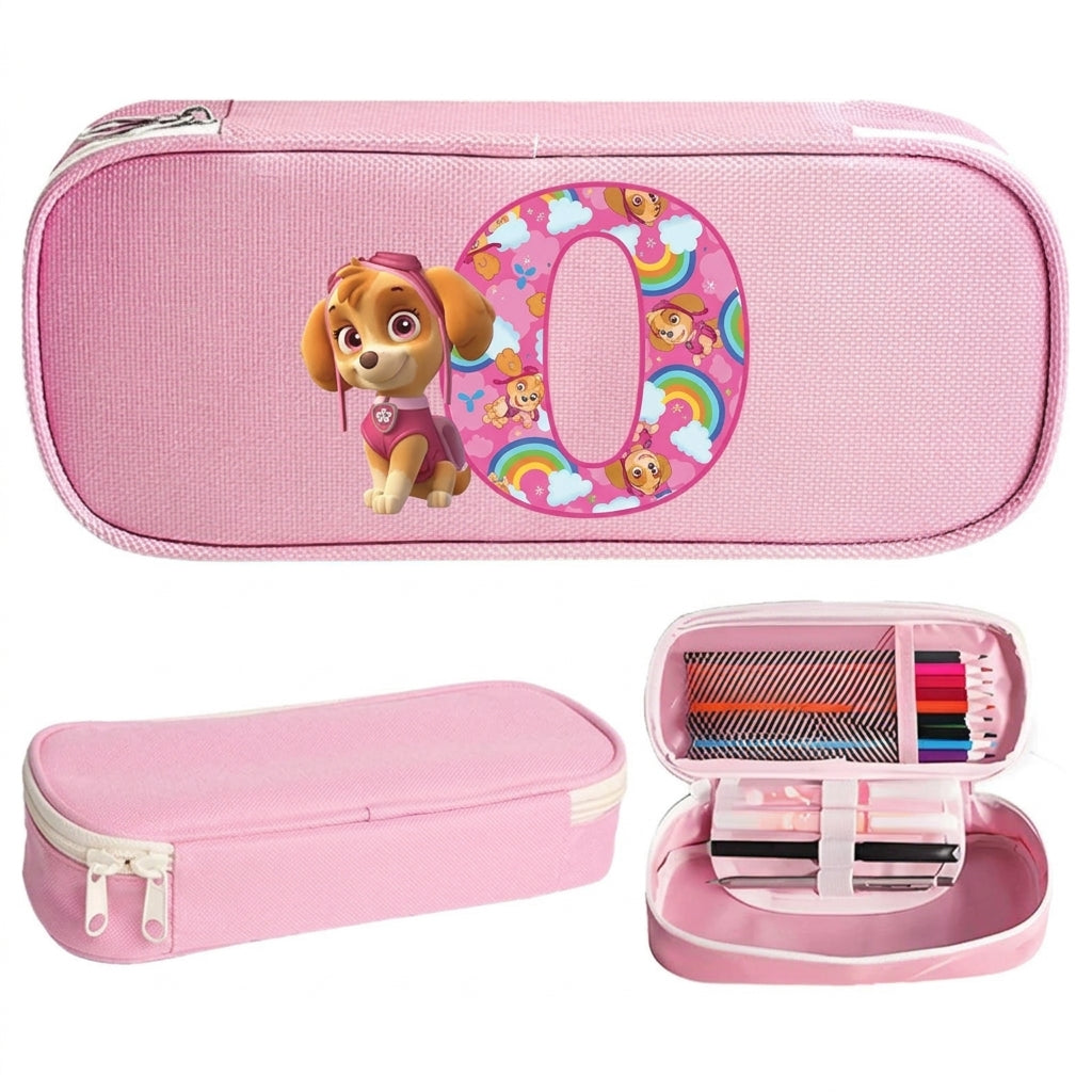 Trousse Pat' Patrouille rose Stella, initiale O en lettre arc-en-ciel sur le dessus, trousse plate à fermeture éclair