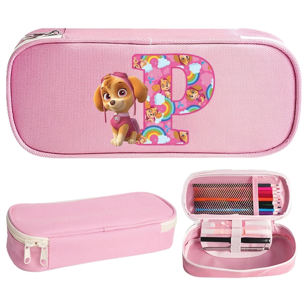 Trousse Pat' Patrouille rose Stella, initiale P en lettre arc-en-ciel sur le dessus, trousse plate à fermeture éclair