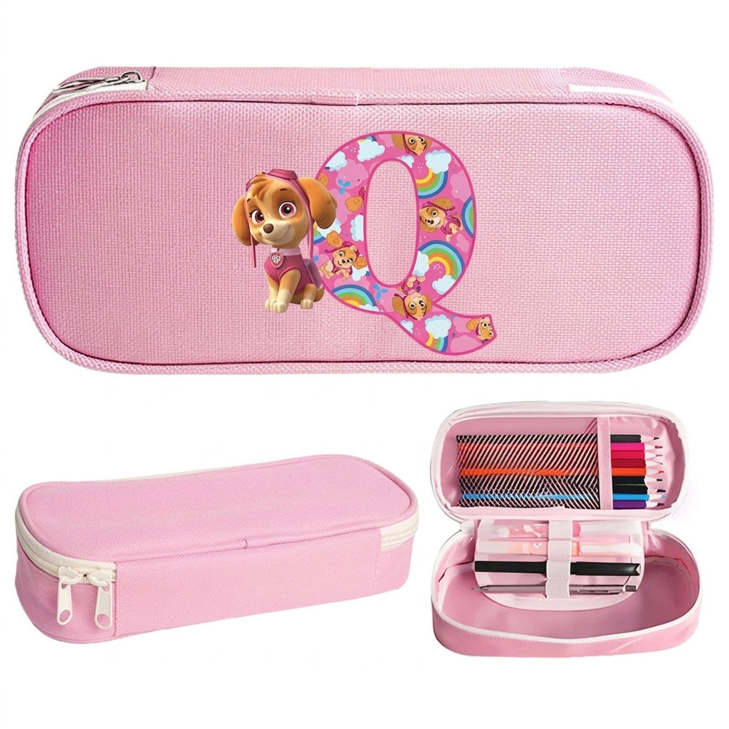 Trousse Pat' Patrouille rose Stella, initiale Q en lettre arc-en-ciel sur le dessus, trousse plate à fermeture éclair
