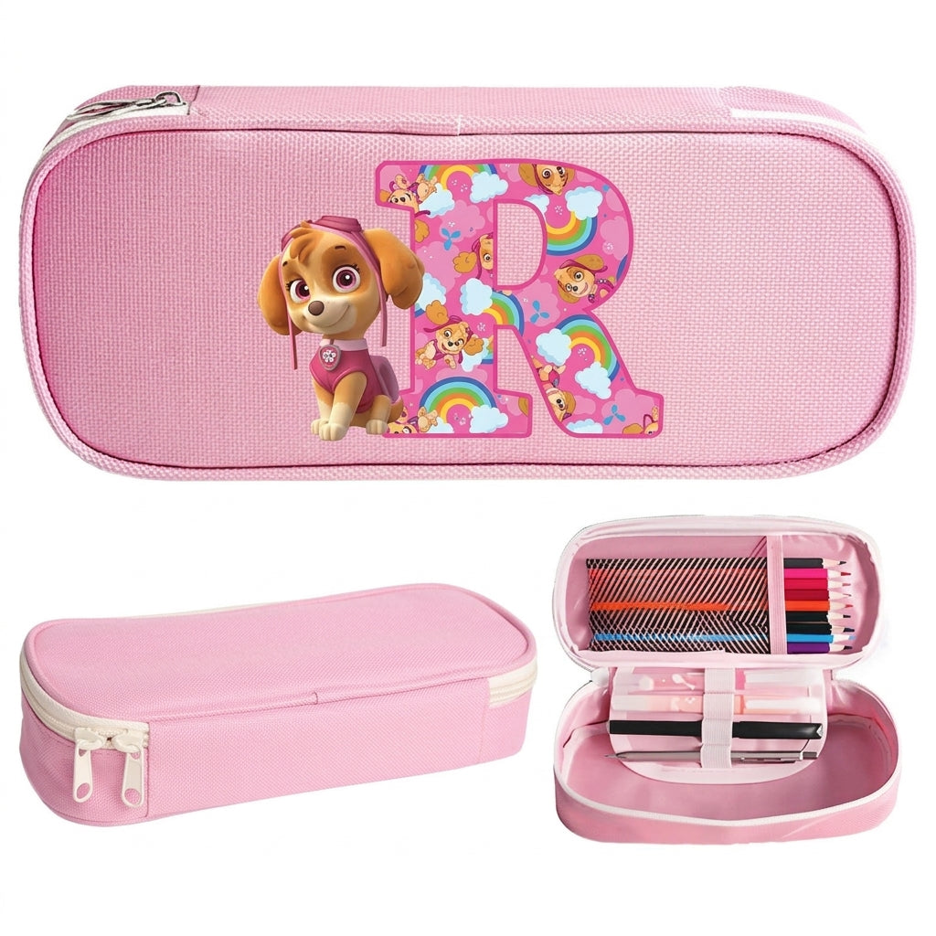 Trousse Pat' Patrouille rose Stella, initiale R en lettre arc-en-ciel sur le dessus, trousse plate à fermeture éclair