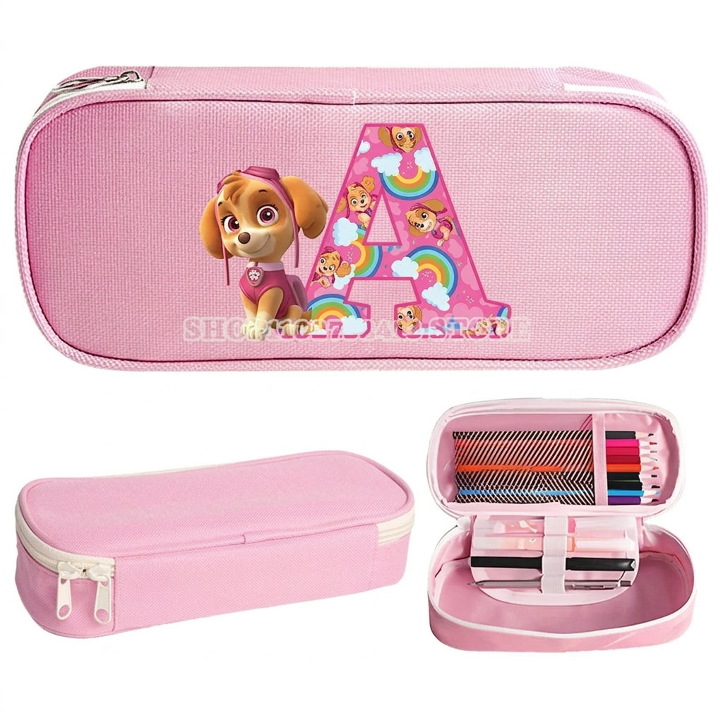 Trousse Pat' Patrouille rose Stella, initiale A en lettre arc-en-ciel sur le dessus, trousse plate à fermeture éclair