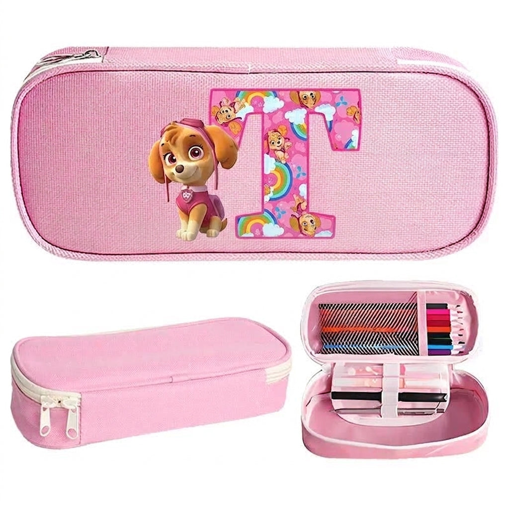 Trousse Pat' Patrouille rose Stella, initiale T en lettre arc-en-ciel sur le dessus, trousse plate à fermeture éclair