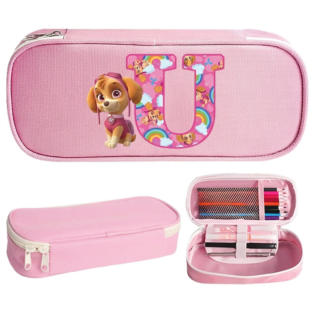 Trousse Pat' Patrouille rose Stella, initiale U en lettre arc-en-ciel sur le dessus, trousse plate à fermeture éclair