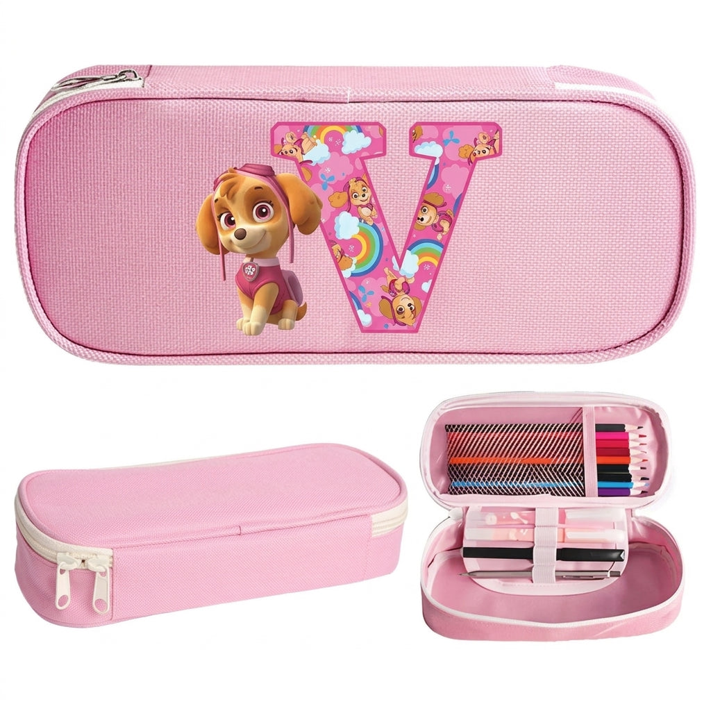 Trousse Pat' Patrouille rose Stella, initiale V en lettre arc-en-ciel sur le dessus, trousse plate à fermeture éclair