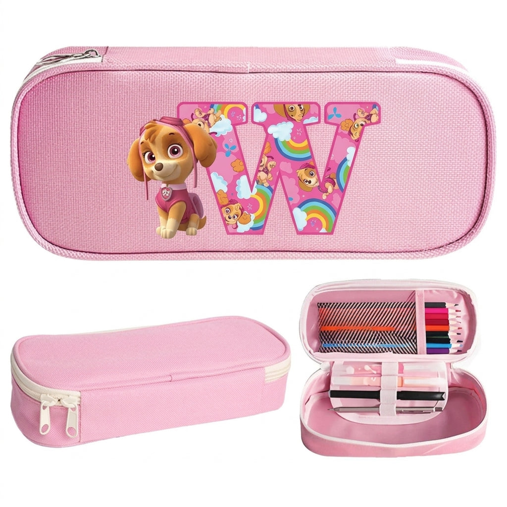 Trousse Pat' Patrouille rose Stella, initiale W en lettre arc-en-ciel sur le dessus, trousse plate à fermeture éclair