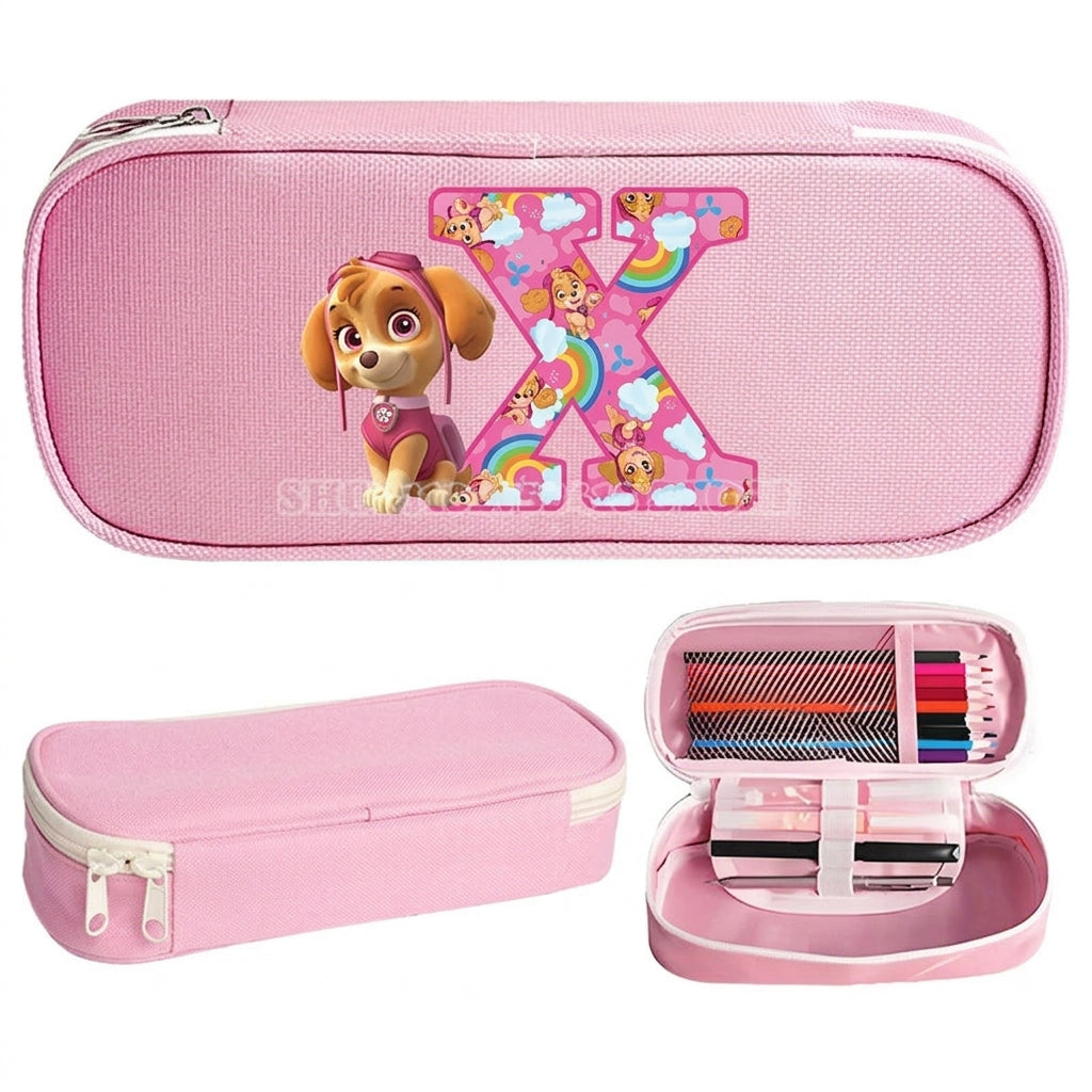 Trousse Pat' Patrouille rose Stella, initiale X en lettre arc-en-ciel sur le dessus, trousse plate à fermeture éclair