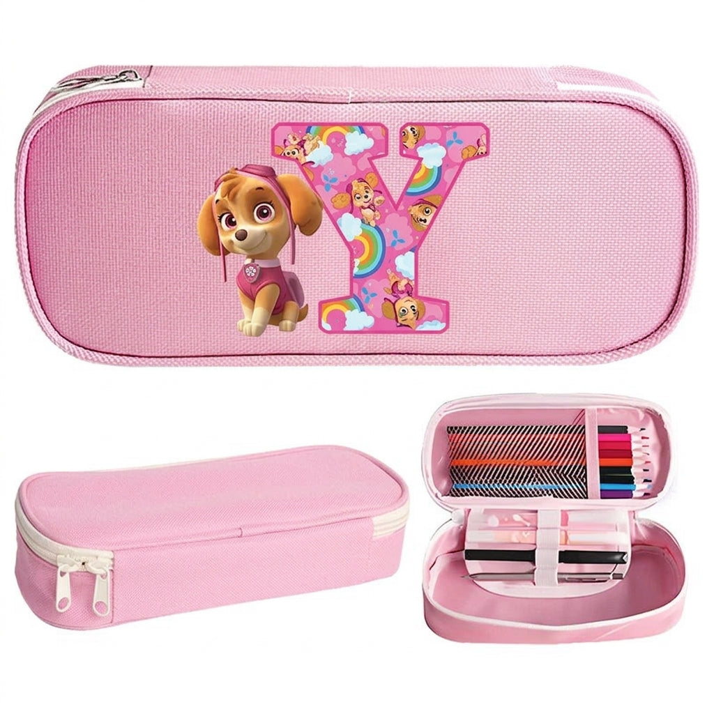 Trousse Pat' Patrouille rose Stella, initiale Y en lettre arc-en-ciel sur le dessus, trousse plate à fermeture éclair
