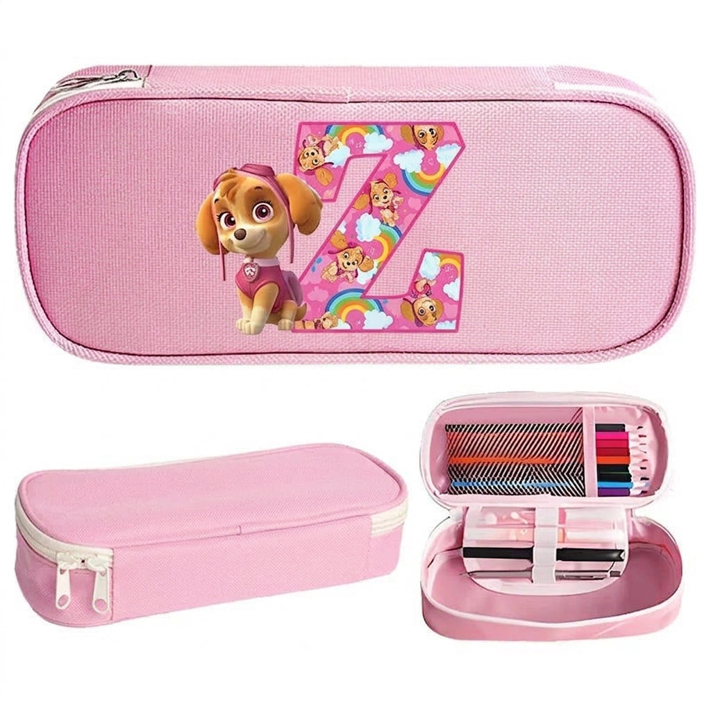 Trousse Pat' Patrouille rose Stella, initiale Z en lettre arc-en-ciel sur le dessus, trousse plate à fermeture éclair