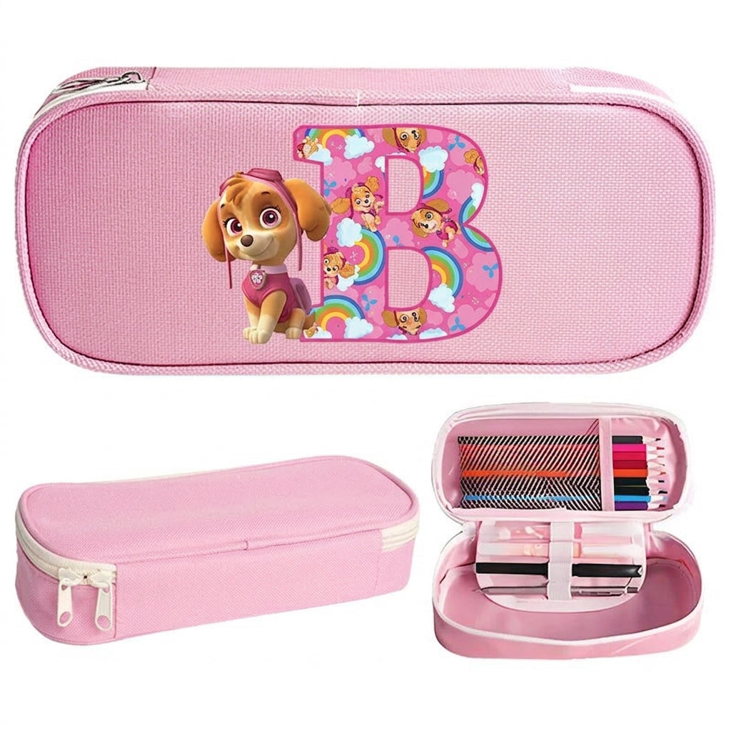 Trousse Pat' Patrouille rose Stella, initiale B en lettre arc-en-ciel sur le dessus, trousse plate à fermeture éclair