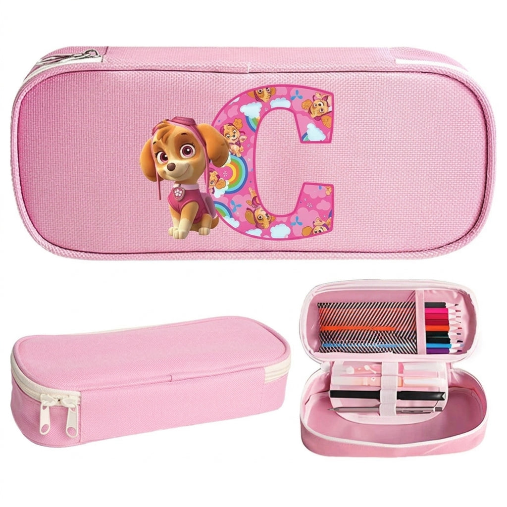 Trousse Pat' Patrouille rose Stella, initiale C en lettre arc-en-ciel sur le dessus, trousse plate à fermeture éclair