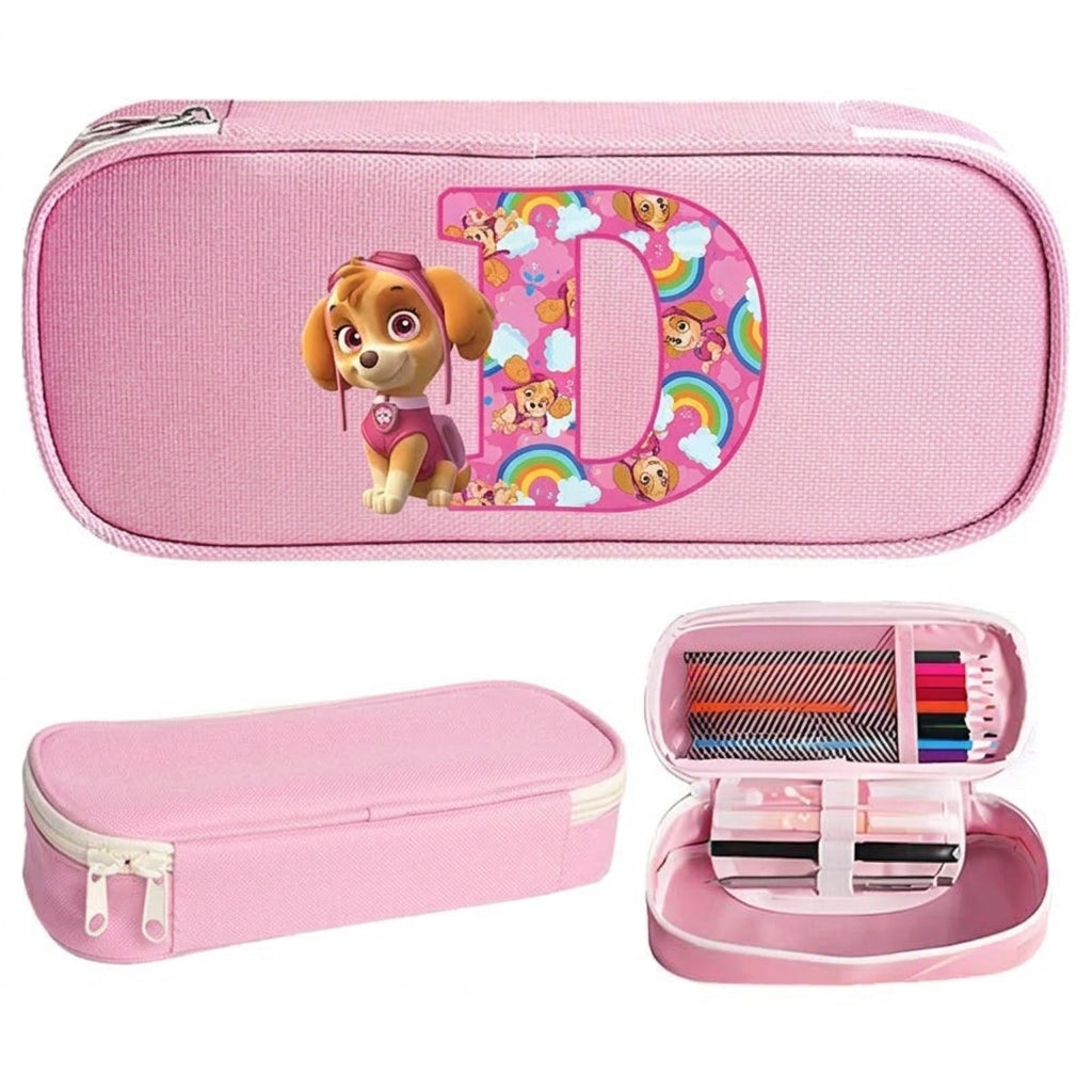 Trousse Pat' Patrouille rose Stella, initiale D en lettre arc-en-ciel sur le dessus, trousse plate à fermeture éclair
