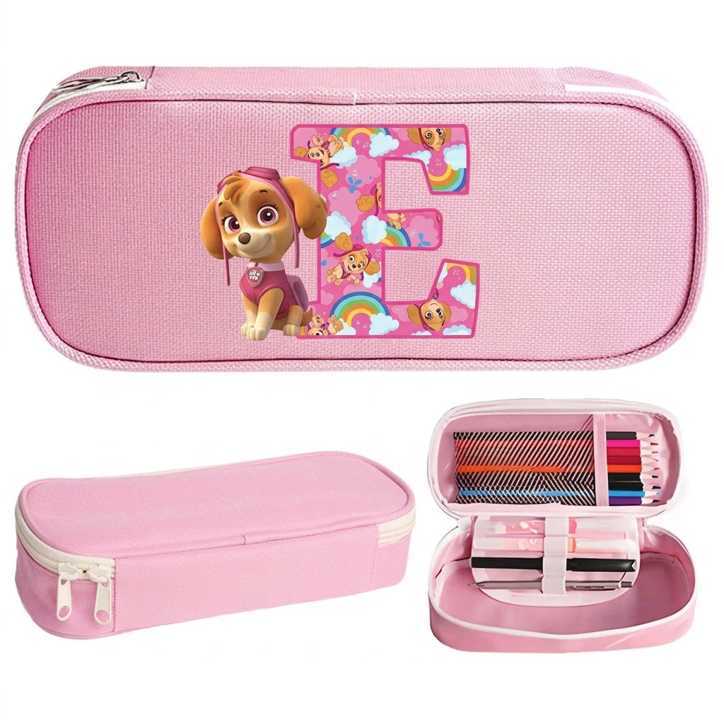 Trousse Pat' Patrouille rose Stella, initiale E en lettre arc-en-ciel sur le dessus, trousse plate à fermeture éclair